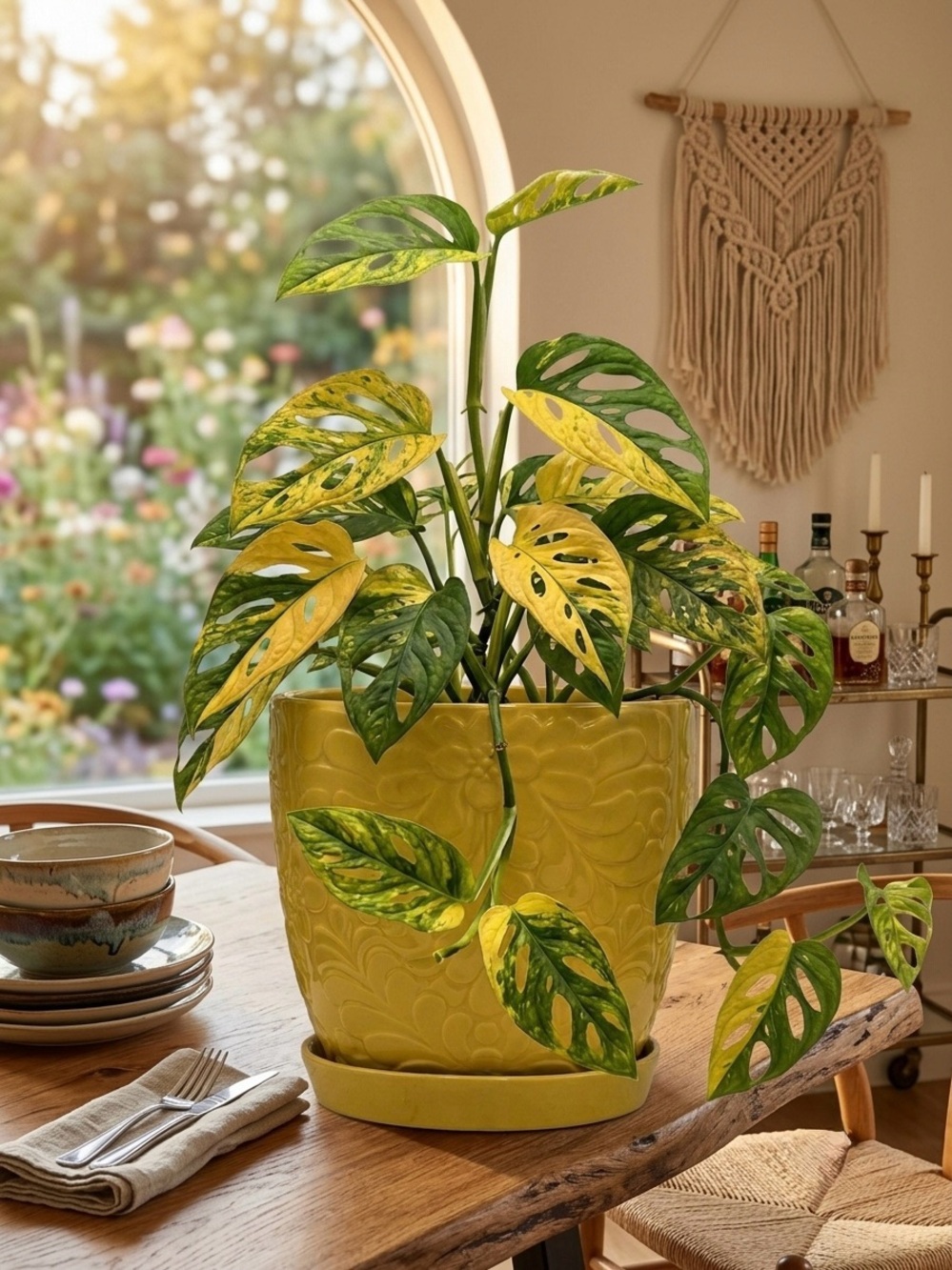 Yellow Floral Ceramic Planter Pot with Saucer Attached 8 Inch Flower Pot